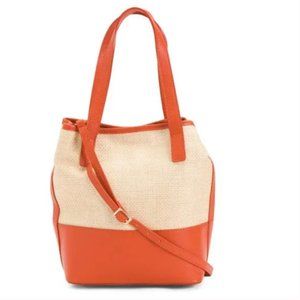 NWT VALENTINA FIORE Orange Made In Italy Leather Straw Woven Tote Summer bag